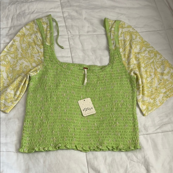 Free People Green Fitted Crop Blouse 3/4 Sleeve - Picture 3 of 7